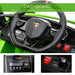 Green 12V Lamborghini Aventador SVJ kids ride-on car dashboard with steering wheel, USB port, switches, and gear lever