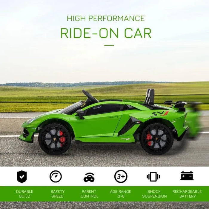 Green licensed Lamborghini Aventador SVJ kids ride-on car on road with features listed
