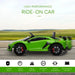 Green licensed Lamborghini Aventador SVJ kids ride-on car on road with features listed
