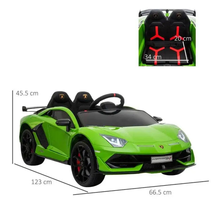 Green 12V Lamborghini Aventador SVJ kids ride-on car with seat dimensions and LED lights