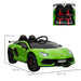 Green 12V Lamborghini Aventador SVJ kids ride-on car with seat dimensions and LED lights
