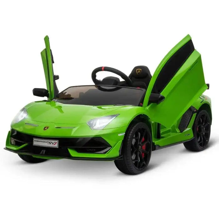 Green 12V Lamborghini Aventador SVJ kids ride-on car with open doors and black wheels