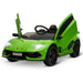 Green 12V Lamborghini Aventador SVJ kids ride-on car with open doors and black wheels
