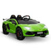 Green 12V licensed Lamborghini Aventador SVJ kids ride-on car with lights, black seats, and sporty design