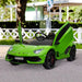 Green 12V Lamborghini Aventador SVJ kids ride on car with open scissor doors outdoors