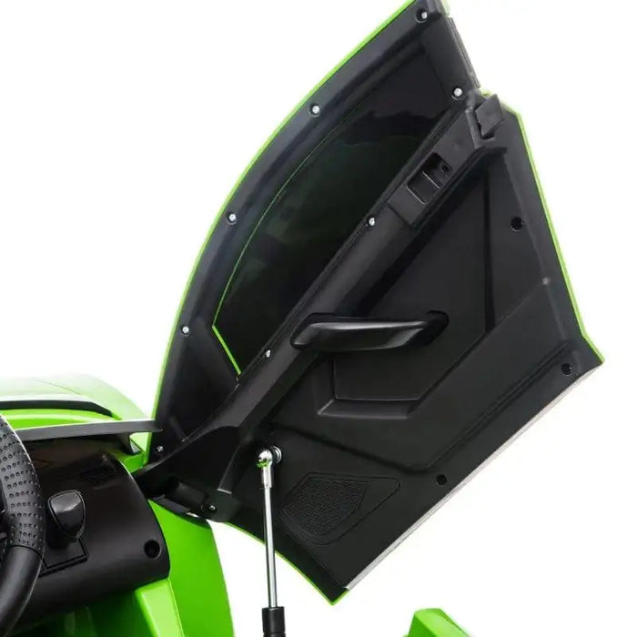 Green Lamborghini Aventador SVJ kids ride on car with open scissor door