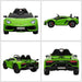 Green 12V Lamborghini Aventador SVJ kids ride on car shown front, side, back, and angle view