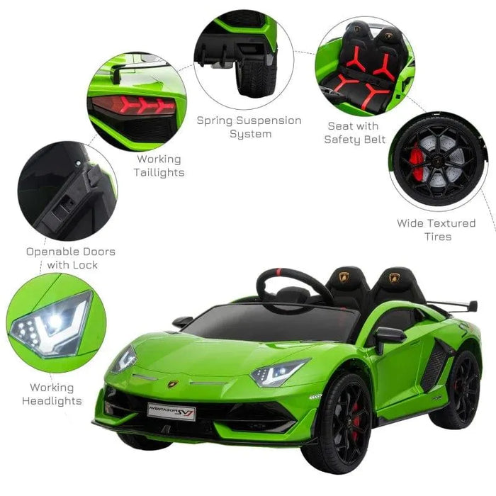 Green 12V Lamborghini Aventador SVJ kids ride on car with lights, openable doors, and safety seat