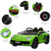 Green 12V Lamborghini Aventador SVJ kids ride on car with lights, openable doors, and safety seat
