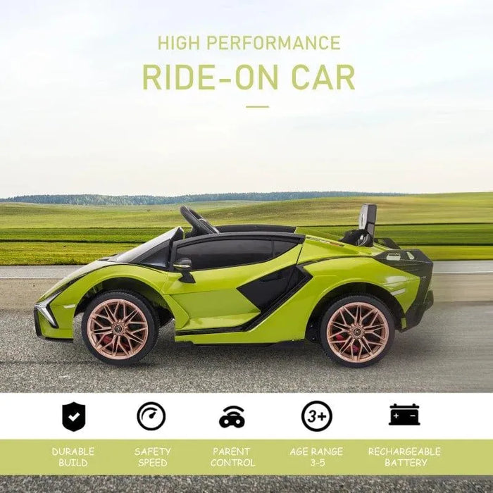 Green Lamborghini Sian kids electric ride-on car with gold wheels on outdoor road