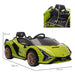 Green 12V Lamborghini Sian kids electric ride-on car with dimensions and seat measurements