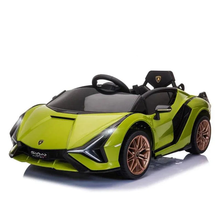 Green 12V Lamborghini Sian kids electric ride-on car with bronze wheels and open swing doors