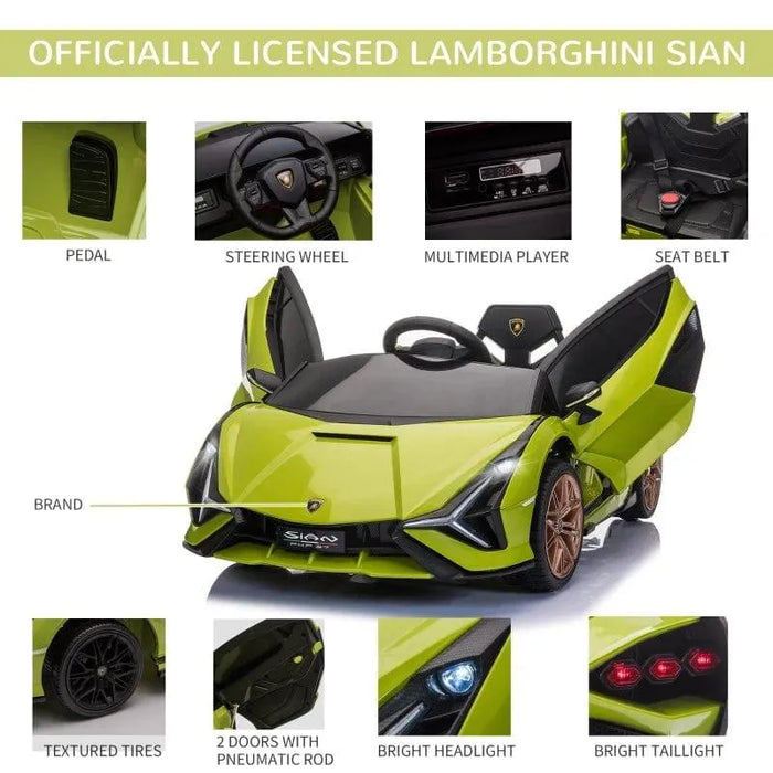 Green 12V licensed Lamborghini Sian kids electric ride-on car with swing-up doors and LED lights
