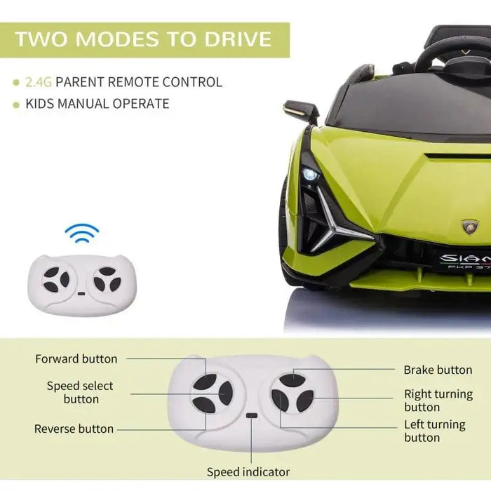 Green 12V Lamborghini Sian kids electric ride on car with remote control, swing-up doors