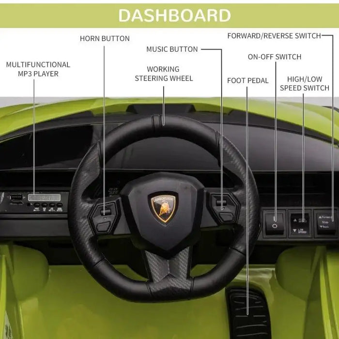 Lamborghini Sian kids electric ride-on car dashboard with labeled buttons and controls