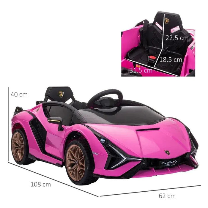 Pink 12V Lamborghini Sian kids ride-on car with seat dimensions and gold wheels