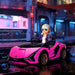 Child in sunglasses driving pink 12V Lamborghini Sian kids ride-on car on city street at night