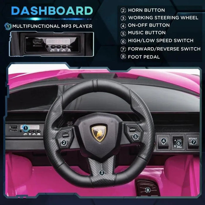 Pink 12V licensed Lamborghini Sian kids ride-on car dashboard with steering wheel, buttons, and MP3 player.