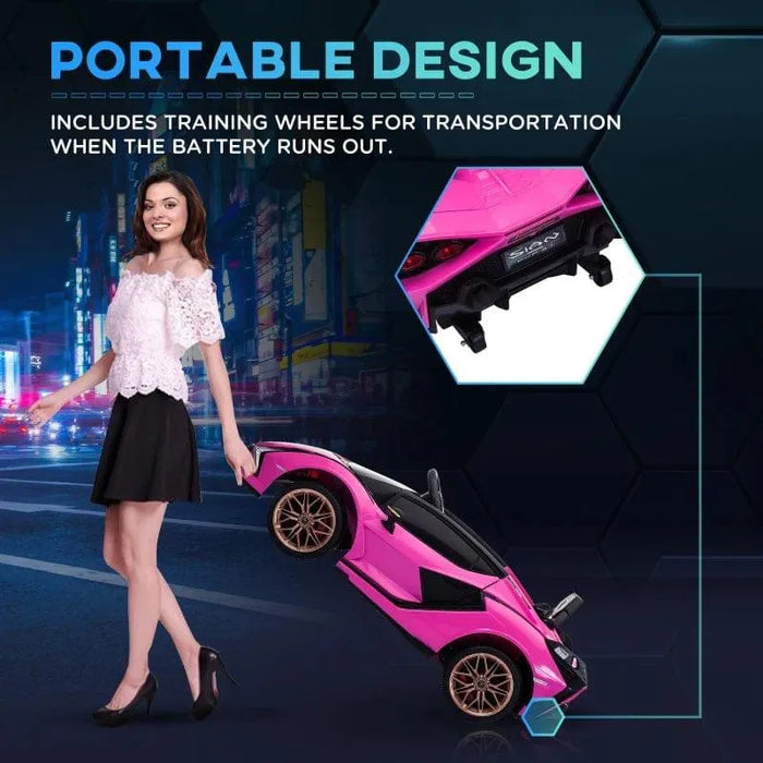 Woman carrying pink 12V Lamborghini Sian kids ride-on car with training wheels, city background