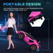 Woman carrying pink 12V Lamborghini Sian kids ride-on car with training wheels, city background