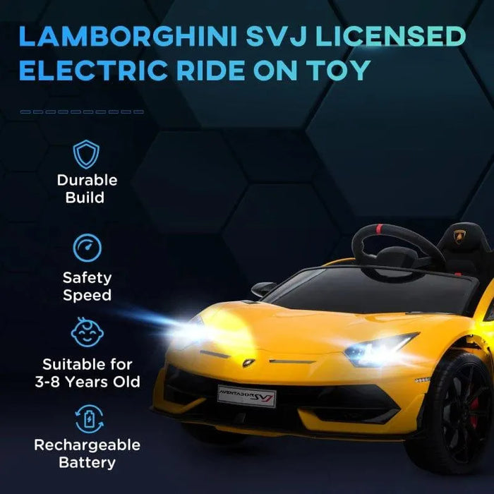 Yellow 12V licensed Lamborghini SVJ kids electric ride-on car with LED lights, front view.