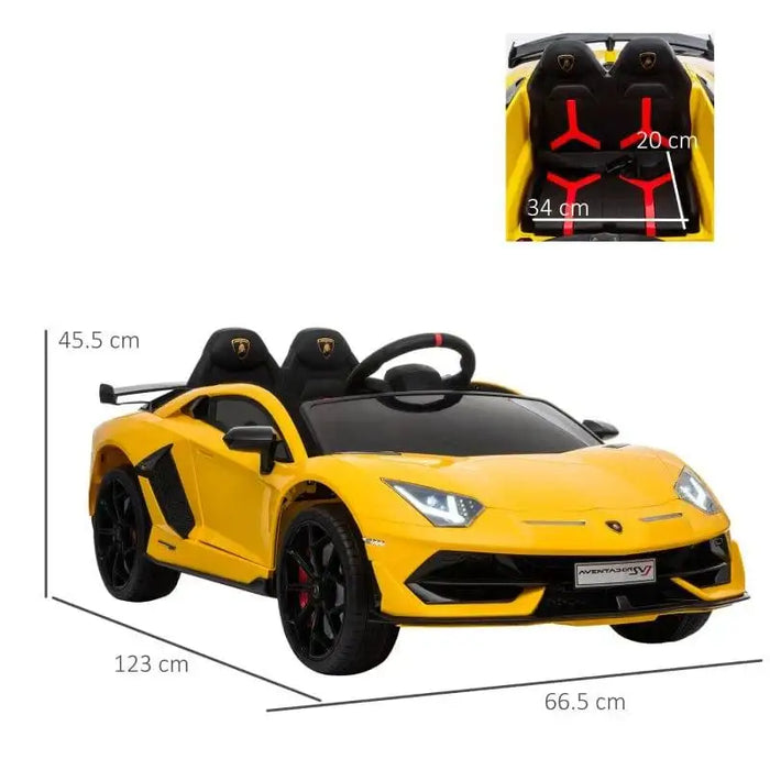 Yellow kids' electric ride-on Lamborghini SVJ car with LED lights, black seats, and dimensions labeled