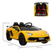 Yellow kids' electric ride-on Lamborghini SVJ car with LED lights, black seats, and dimensions labeled