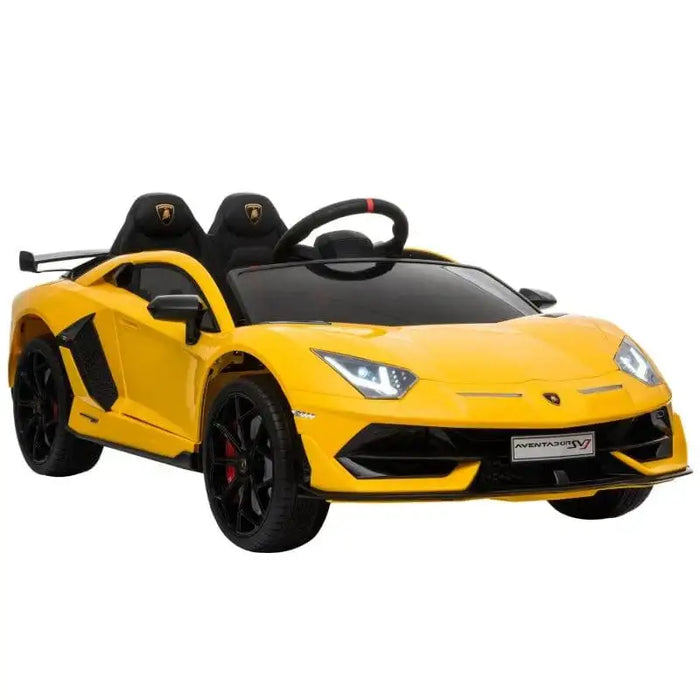 Yellow kids electric Lamborghini SVJ ride-on car with LED headlights and black seats
