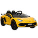 Yellow kids electric Lamborghini SVJ ride-on car with LED headlights and black seats