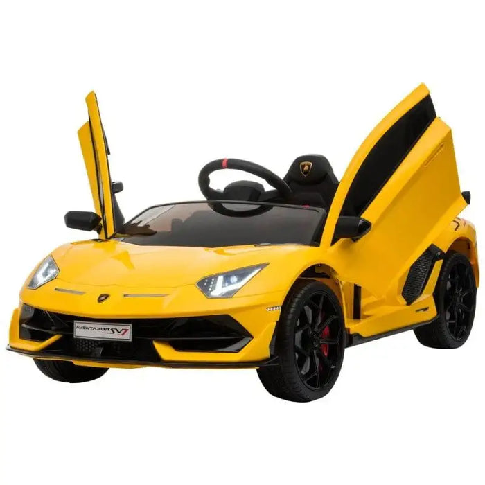Yellow 12V Lamborghini SVJ kids electric ride-on car with LED lights and open scissor doors