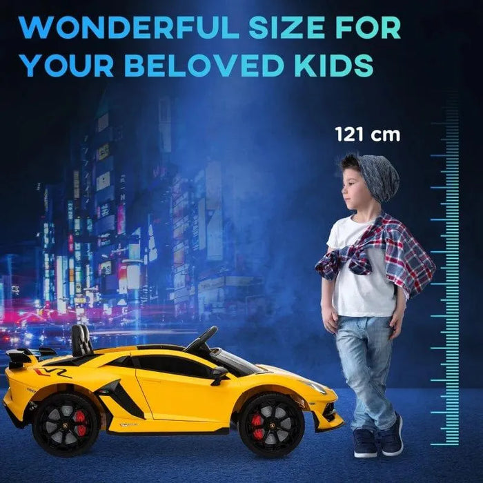 Yellow 12V Lamborghini SVJ kids electric ride on car with LED lights beside child and height scale