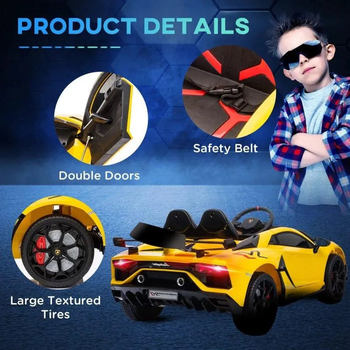 Yellow 12V licensed Lamborghini SVJ kids electric ride-on car with LED lights, double doors, and safety belt