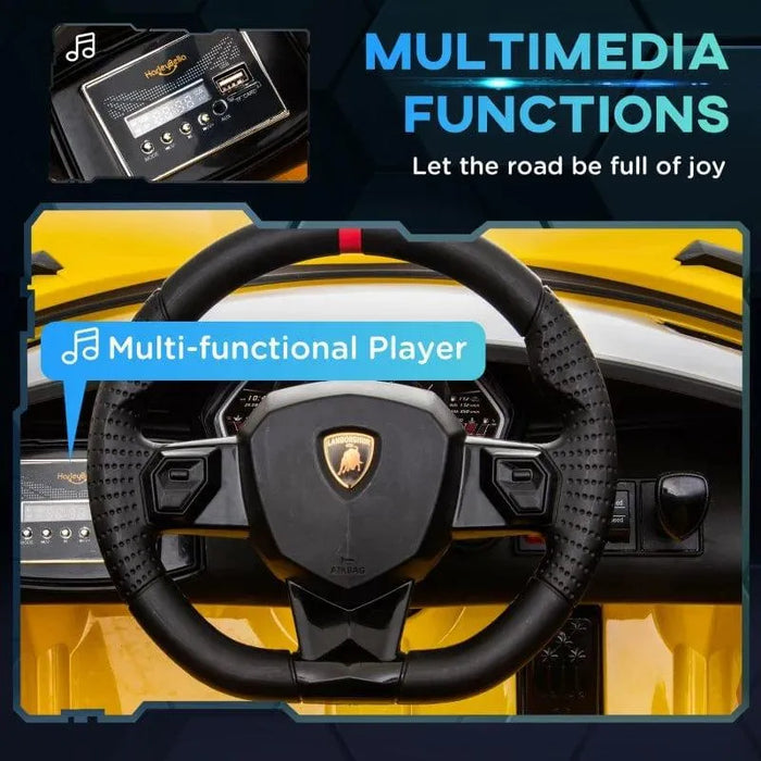 Lamborghini SVJ kids electric ride-on car dashboard with steering wheel, multimedia player, and yellow interior.