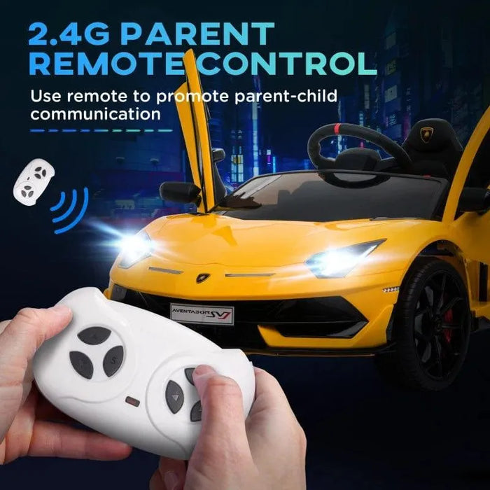 Yellow Lamborghini SVJ kids electric ride-on car with LED lights and remote control in use