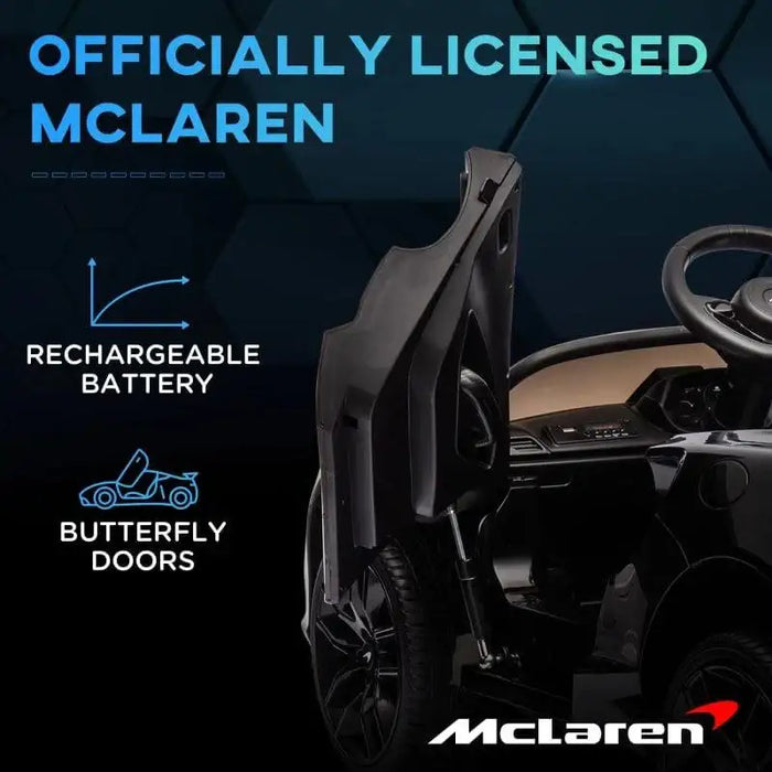 Black licensed McLaren kids electric ride-on car with butterfly doors and rechargeable battery