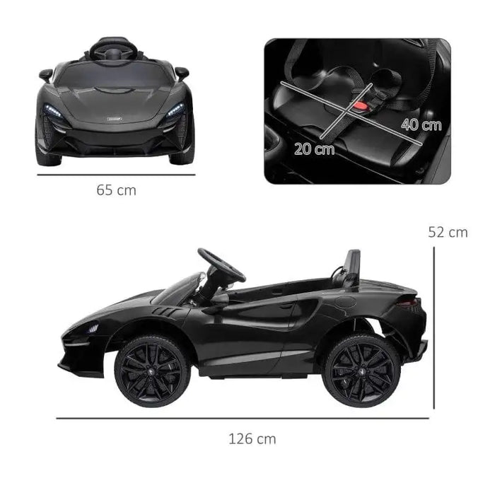 Black kids electric McLaren ride-on car with butterfly doors, seatbelt and size dimensions shown