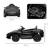 Black kids electric McLaren ride-on car with butterfly doors, seatbelt and size dimensions shown