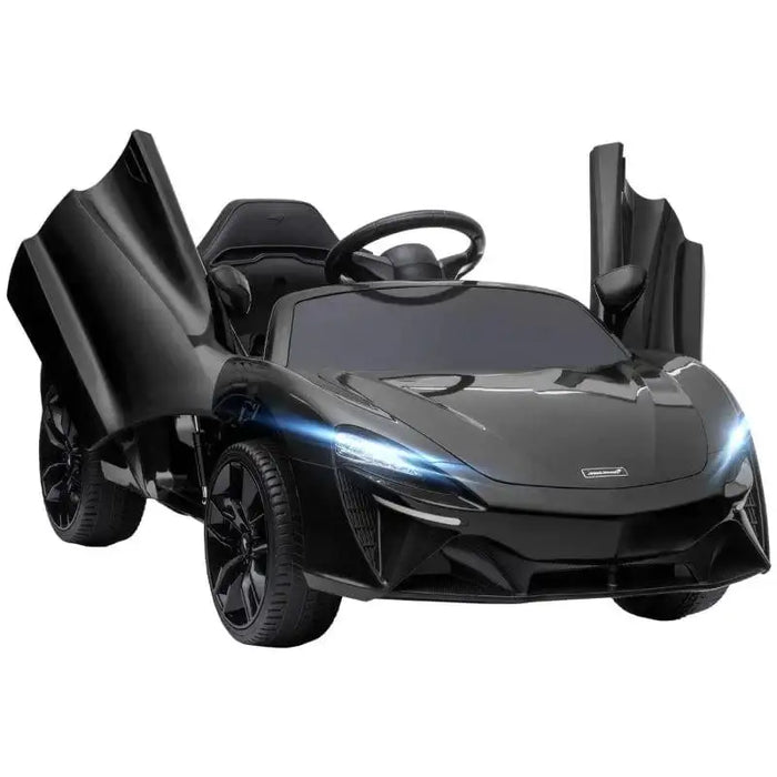 Black 12V licensed McLaren kids electric ride-on car with butterfly doors open and LED lights