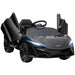 Black 12V licensed McLaren kids electric ride-on car with butterfly doors open and LED lights