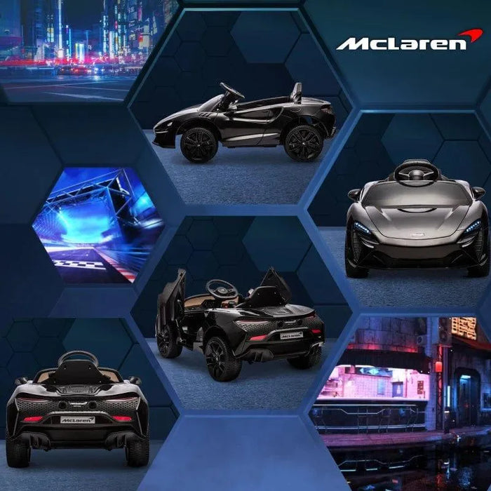 12V McLaren kids electric ride-on car in black with butterfly doors, showcased from multiple angles.
