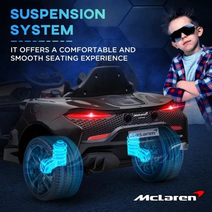 Black 12V McLaren kids electric ride-on car with suspension system, boy in sunglasses, McLaren logo