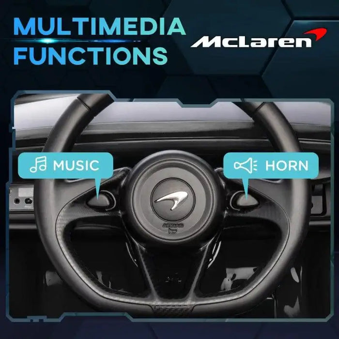 McLaren kids electric ride-on car steering wheel with music and horn multimedia buttons