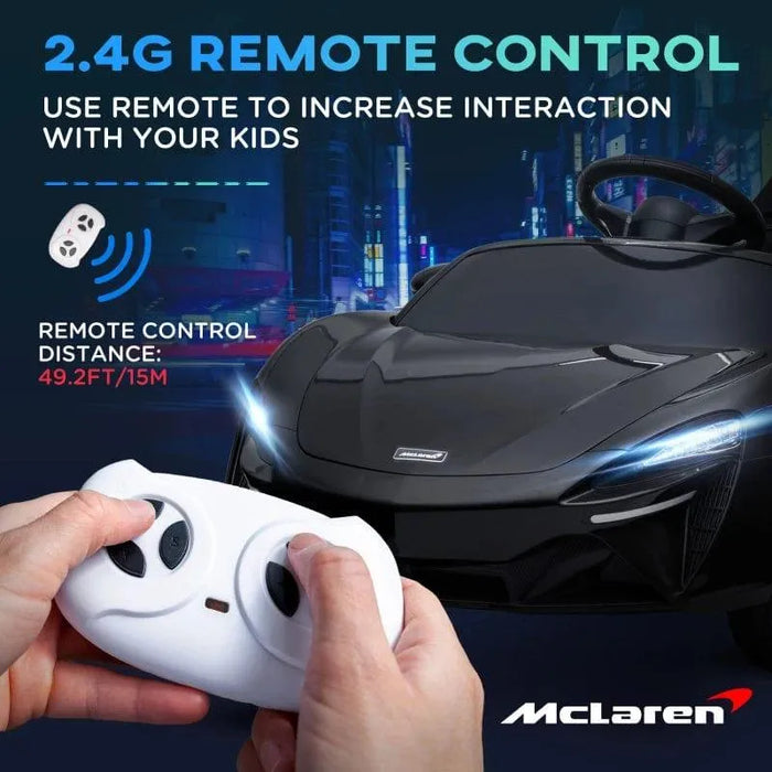 12V licensed McLaren kids electric ride-on car in black with remote control, city lights, butterfly doors, and LED headlights.