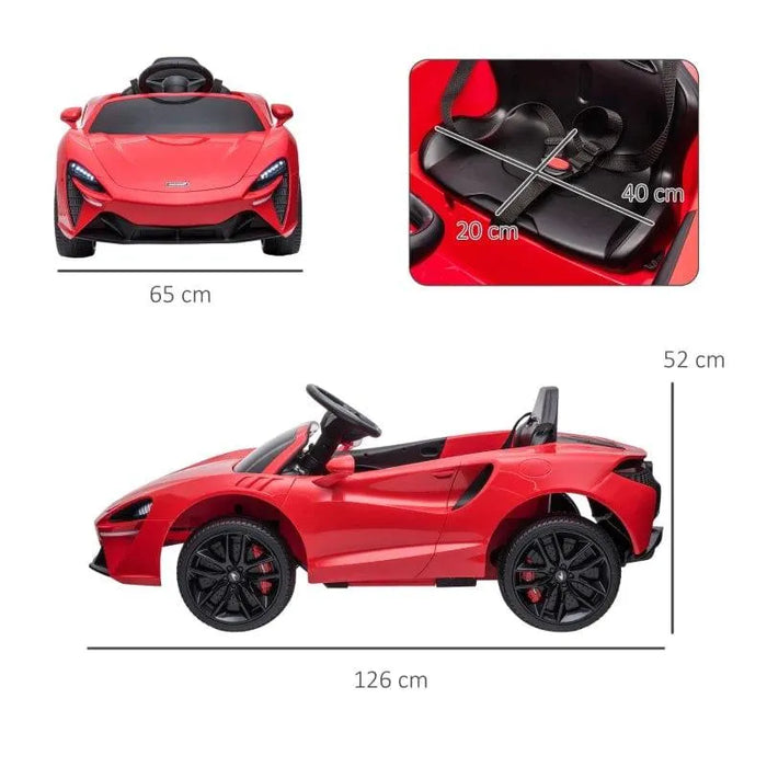 Red 12V licensed McLaren kids ride-on car with measurements, black wheels, and seat dimensions