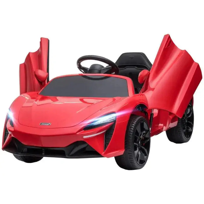 Red McLaren kids ride-on car with LED lights and open butterfly doors against white background