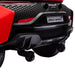 Rear view of red 12V licensed McLaren kids ride-on car with black detailing and McLaren logo