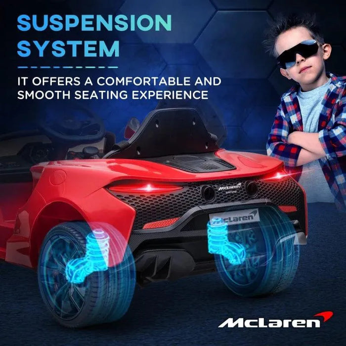 Red 12V McLaren kids ride-on car with remote control, butterfly doors, and suspension system.