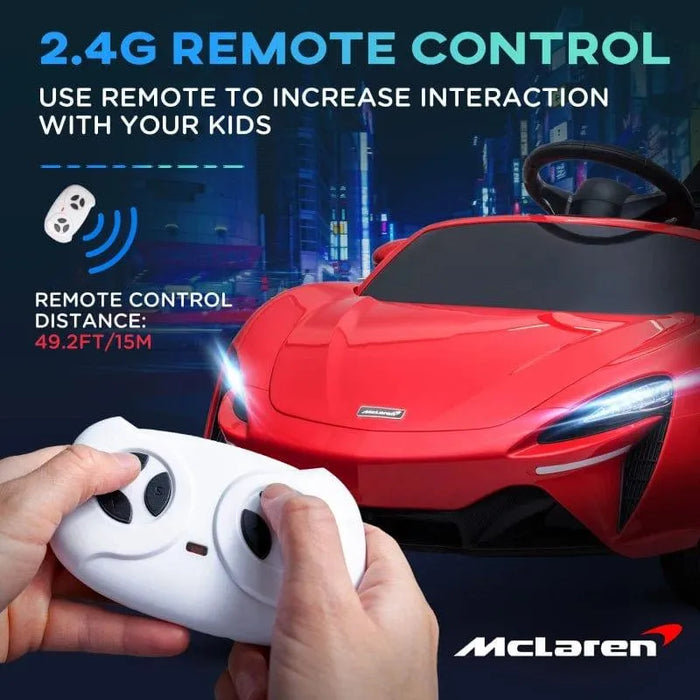 Red 12V licensed McLaren kids ride-on car with remote control and LED headlights
