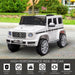 White Mercedes-Benz G500 kids electric ride-on jeep with LED lights, outdoor setting, info icons.
