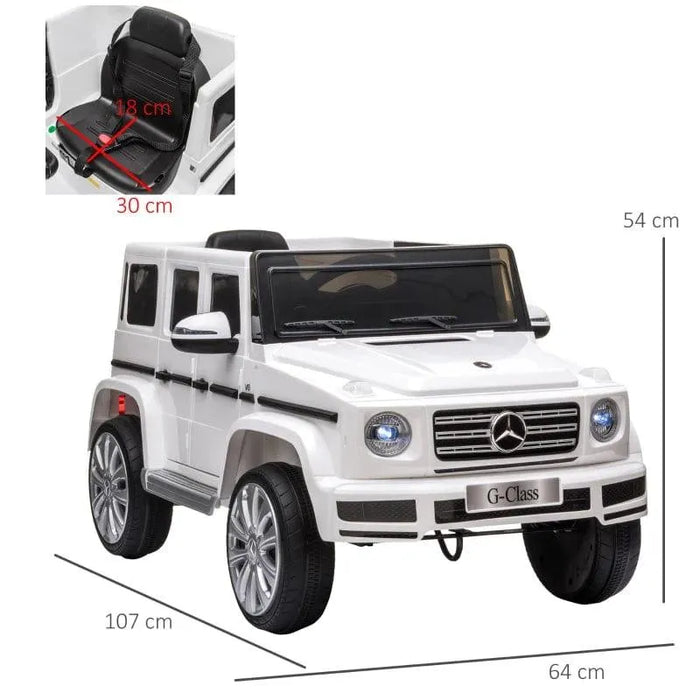 White 12V Mercedes-Benz G500 kids electric ride-on jeep with LED lights, MP3, and seat dimensions